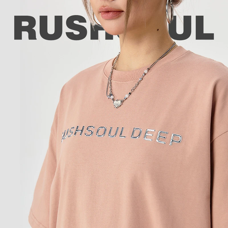 RUSHSOUL金属质感钢印圆领纯棉半袖潮牌印花休闲宽松男女短袖t恤