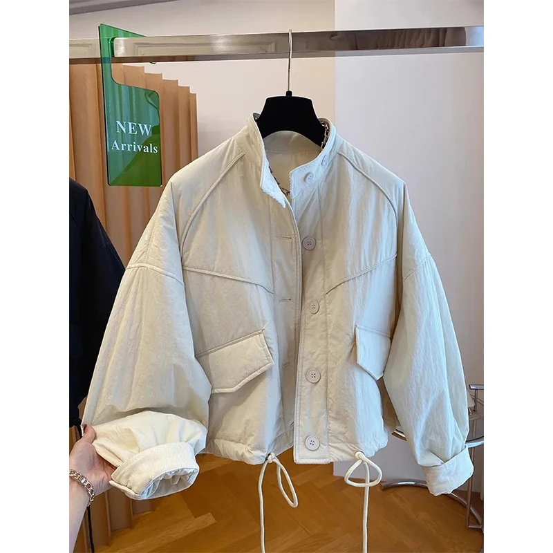 韩系流行轻薄立领棉衣棉服女冬季新款宽松休闲百搭工装风夹棉外套