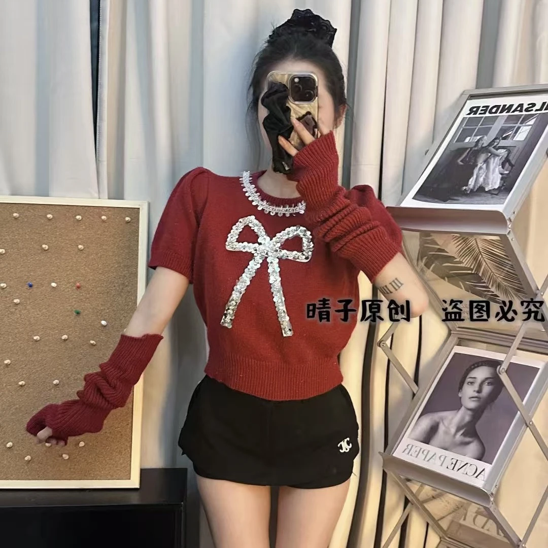雯雯家 2024冬季显瘦百搭袖套款针织打底衫蝴蝶结亮片毛衣女秋冬