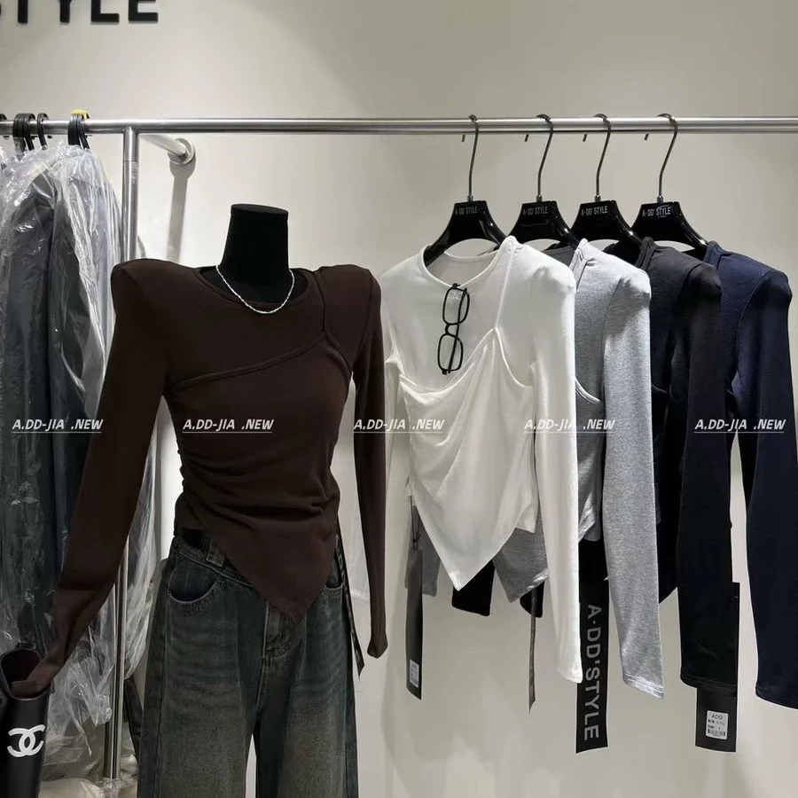 雯雯家 不规则下摆假两件显瘦气质长袖t恤女2024秋冬季新款