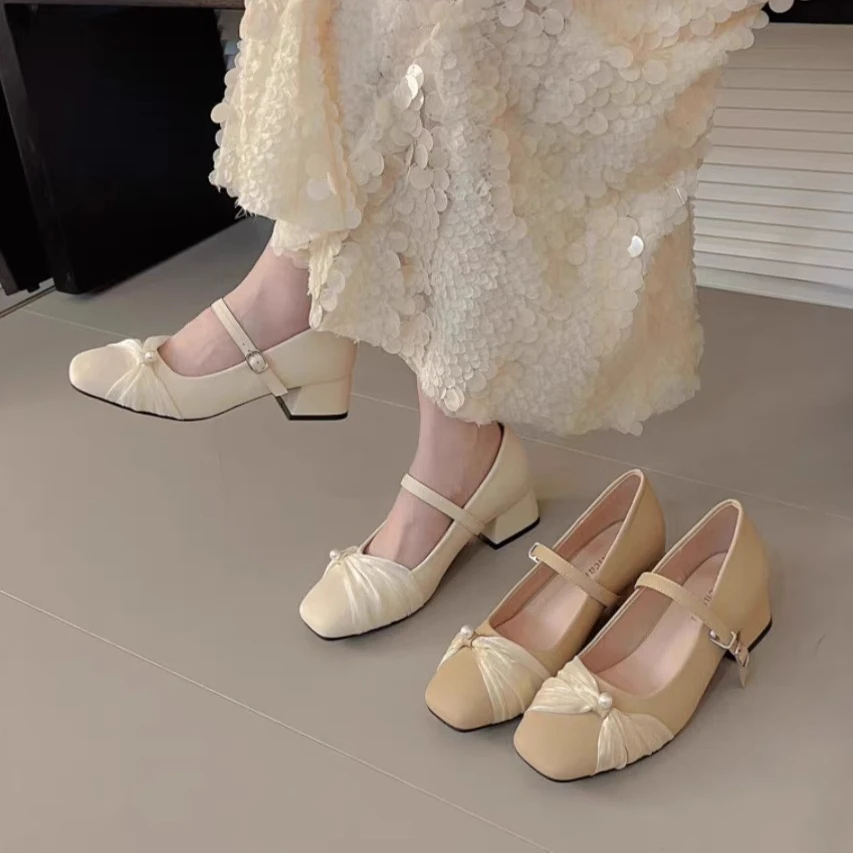 温柔配裙子小香风玛丽珍鞋2024新款粗跟瓢鞋方头浅口中高跟单鞋女