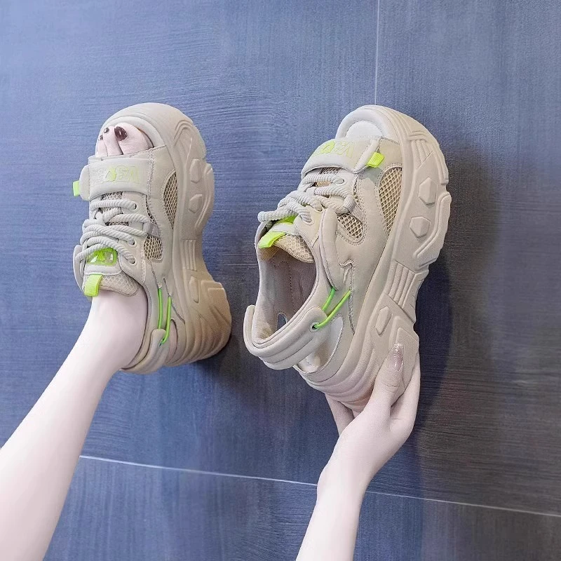 小个子厚底增高松糕时尚老爹运动凉鞋女夏季外穿2024新款洞洞镂空