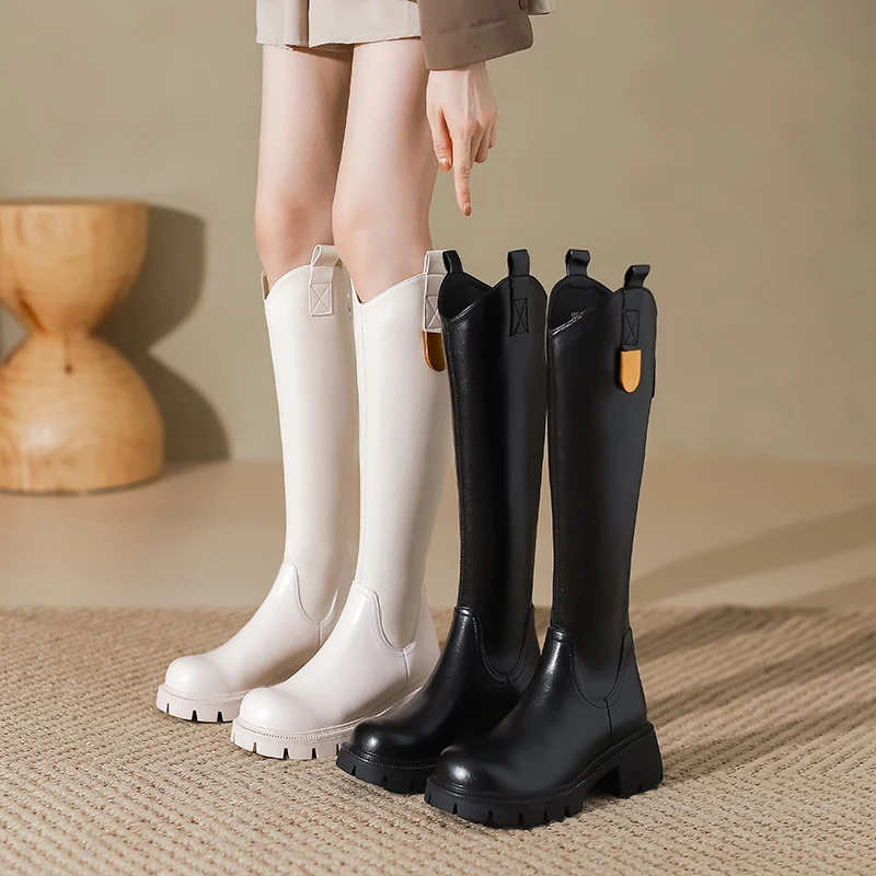 V口长筒靴女2025新款秋冬加绒厚底百搭高筒靴粗高跟长靴骑士靴子