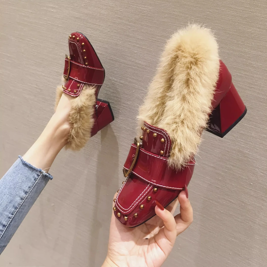 PinkAvril红色毛毛高跟女鞋秋冬兔毛加绒冬季外穿粗跟红色婚鞋
