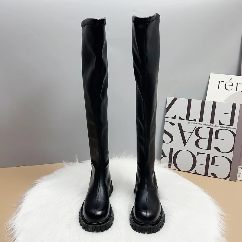 显瘦过膝长靴女弹力百搭黑色高筒靴子厚底2025新款秋冬圆头长筒靴