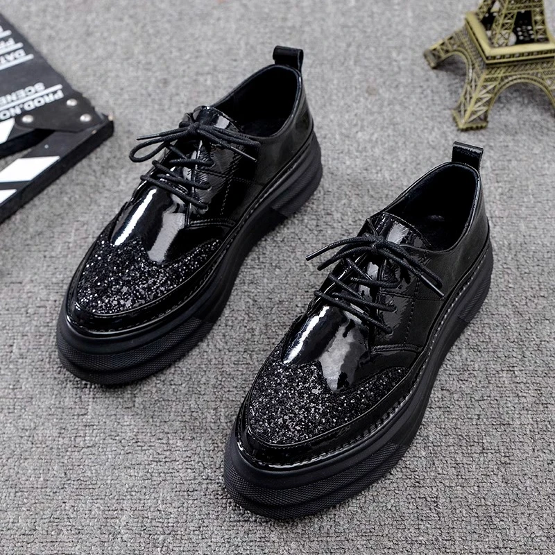 PinkAvril2025春季新款女鞋尖头平底漆皮系带布洛克鞋厚底单鞋女