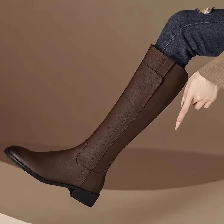 PinkAvril复古不过膝2025秋冬加绒长筒骑士靴女百搭显瘦中筒长靴.