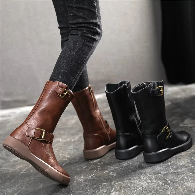 PinkAvril软皮马丁靴女英伦风2025新款秋冬季新品复古靴子中筒靴