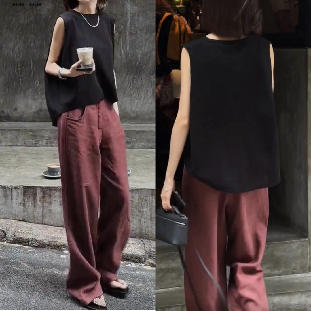 2025夏季新款时尚净版无袖宽松上衣高腰直筒裤女DM24230显瘦休闲