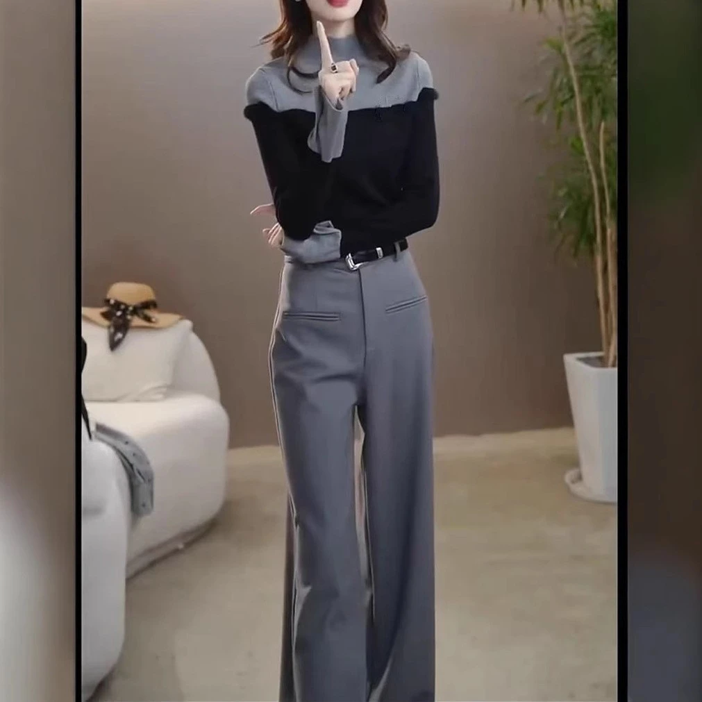 春秋季新款拼接半高领修身打底衫高腰西裤女装洋气显瘦气质