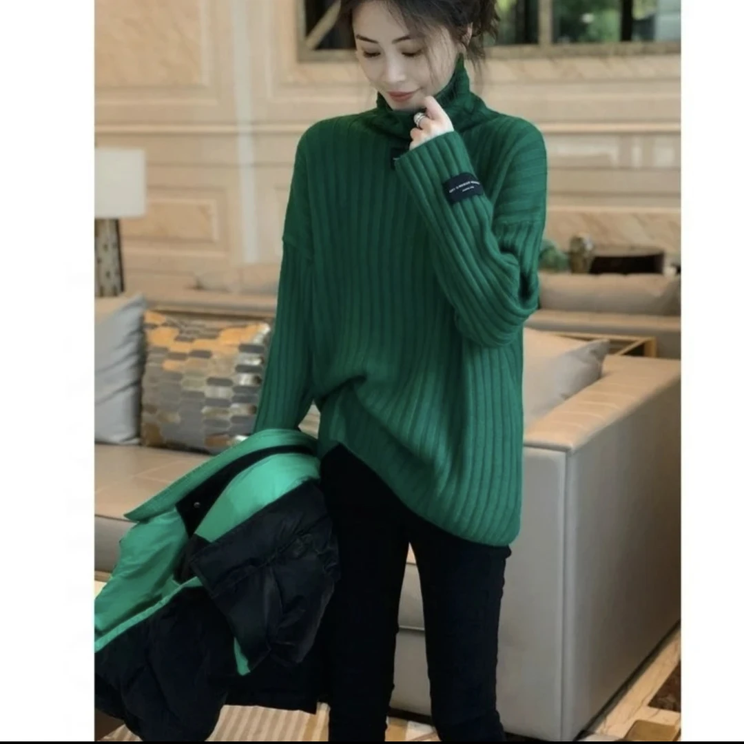 新款绿色高领毛衣女设计感小众加厚打底春秋冬款百搭显瘦
