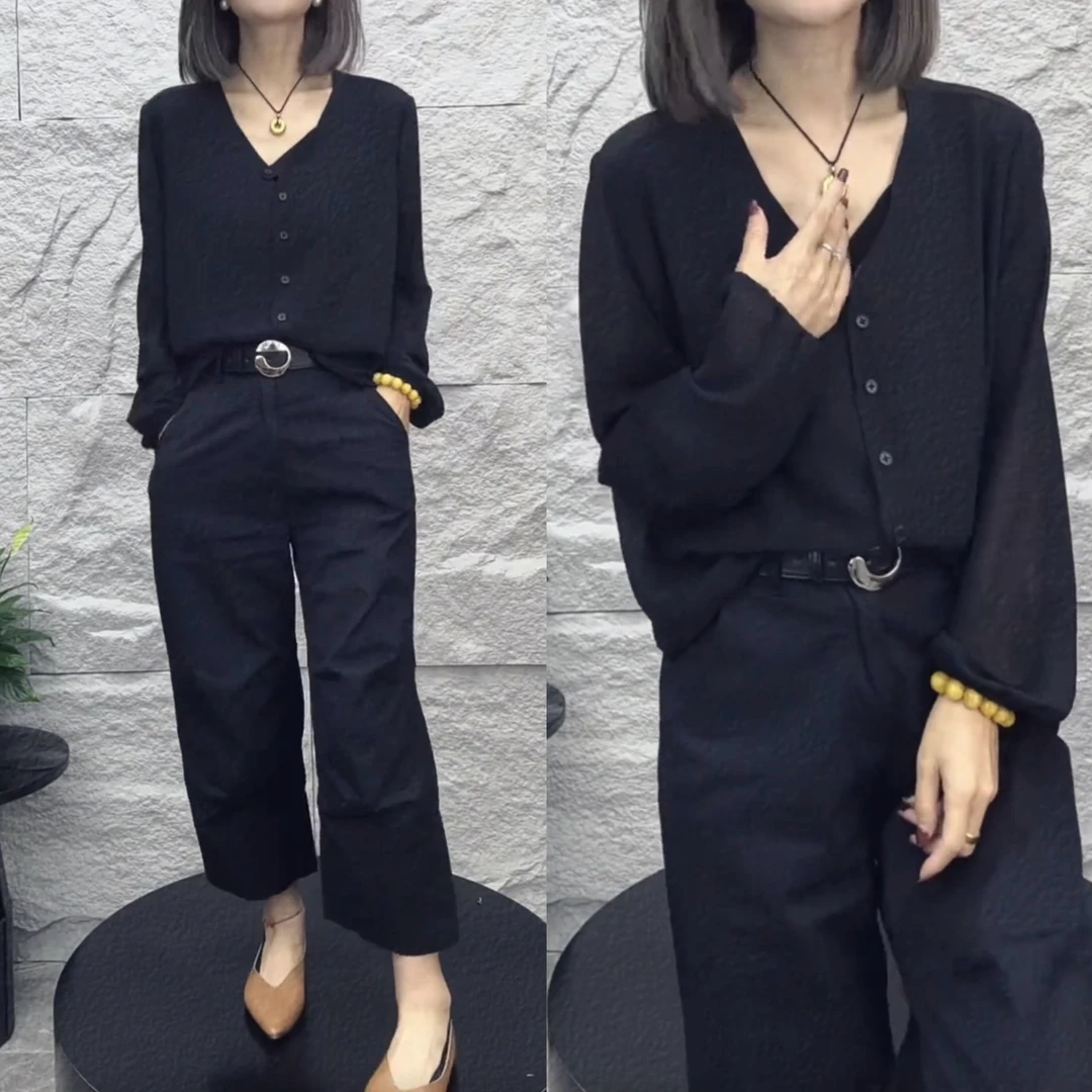 2025夏季新款冰丝气质防晒开衫高腰休闲直筒裤洋气减龄女DM24397
