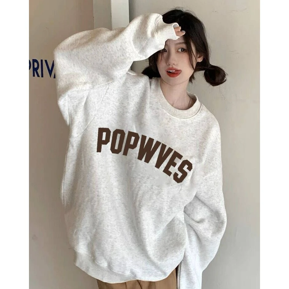 秋冬加绒圆领白灰色卫衣女oversize新款宽松百搭设计感小众上衣潮