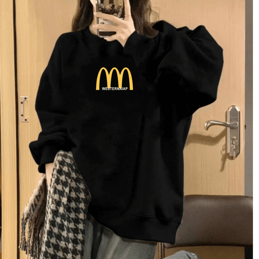 美式复古黑色圆领套头卫衣女秋冬新款oversize宽松百搭学生上衣潮