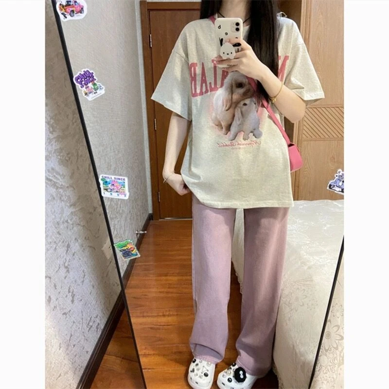 100%纯棉短袖t恤女夏季2024新款oversize宽松百搭卡通印花上衣ins