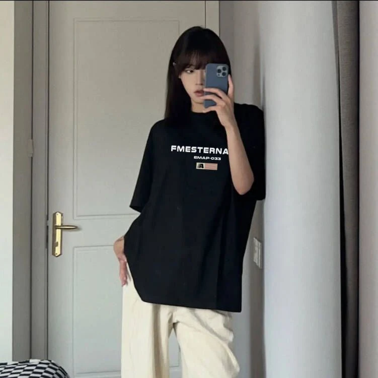 纯棉短袖T恤女宽松半袖2024夏季美式复古oversize学生印花上衣潮