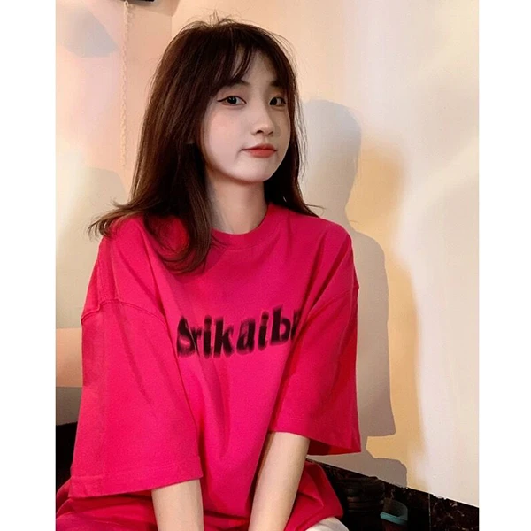 玫红色纯棉短袖T恤女夏季宽松百搭圆领半袖学生oversize印花上衣