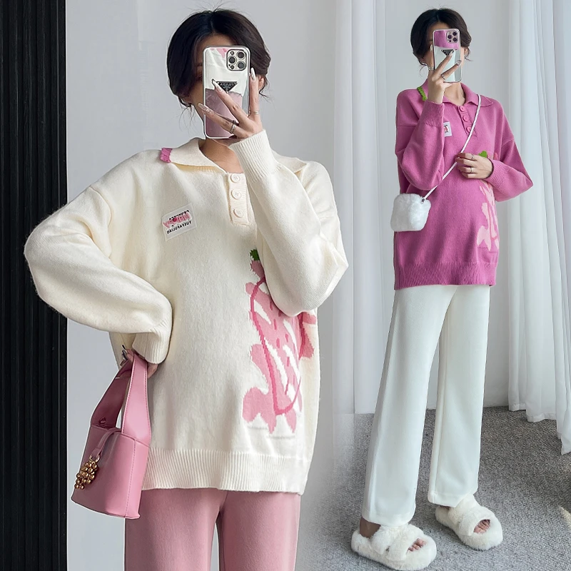 【沁沁家】孕妇秋冬毛衣翻领减龄草莓毛衣宽松外穿时尚显瘦百搭上衣