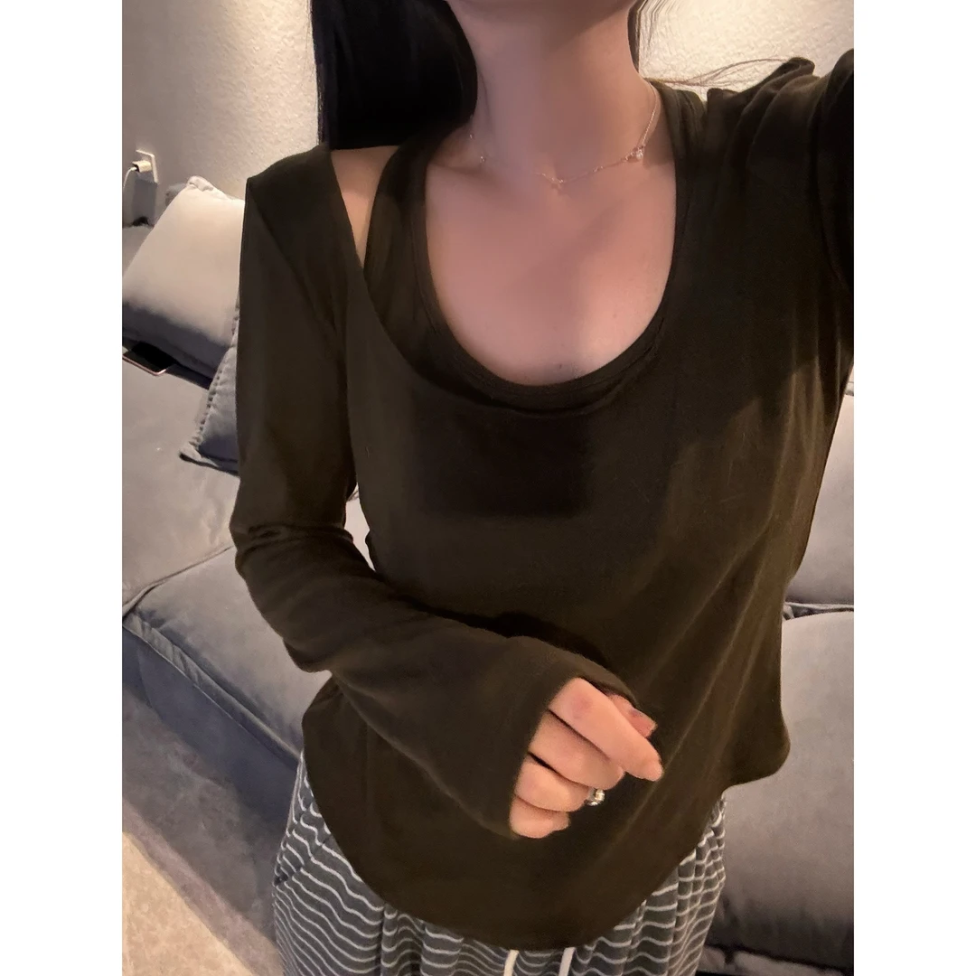 【CiCi】早秋新款设计感假两件挂脖上衣短款小众显瘦长袖T恤S1080