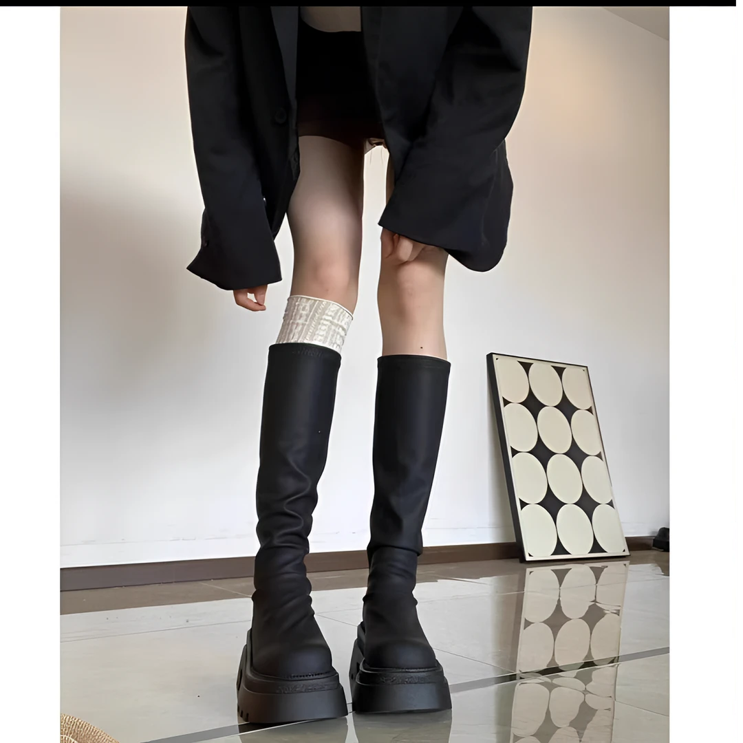 厚底高筒靴新款韩版秋冬瘦瘦长筒靴小个子粗跟不过膝堆堆长靴