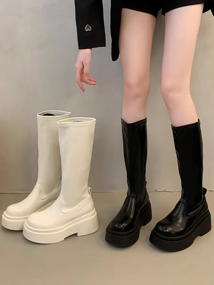黑色高筒长靴女2025新款白色厚底高跟鞋不过膝女靴粗腿显瘦长筒靴