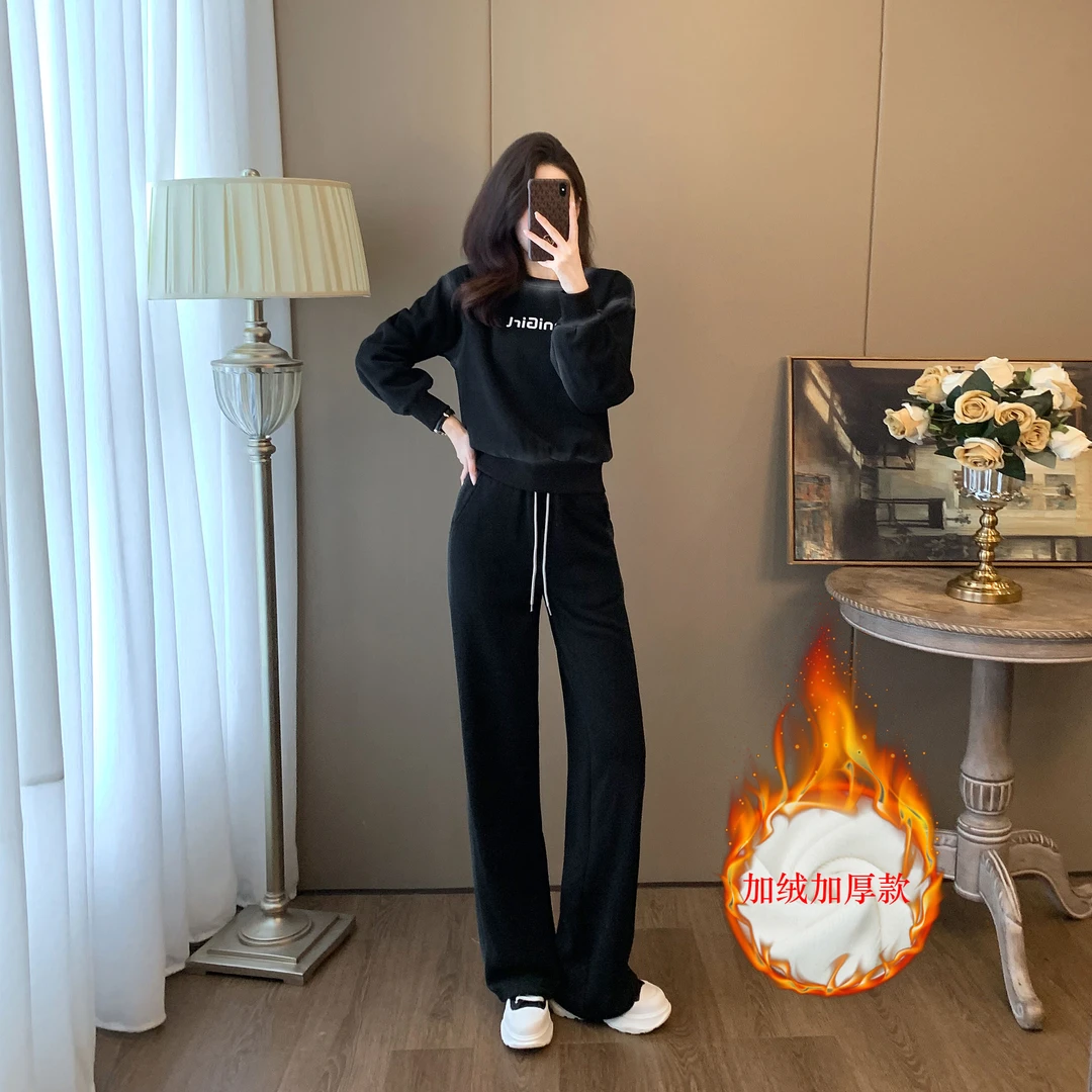 高档卫衣套装女春秋新款洋气百搭时髦黑色圆领字母运动休闲两件套