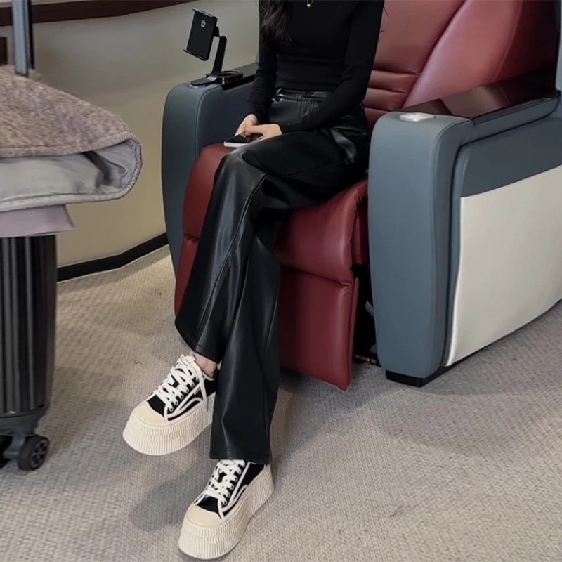 黑色阔腿裤冬季加绒裤子女美式复古时尚网红炸街高腰直筒皮裤