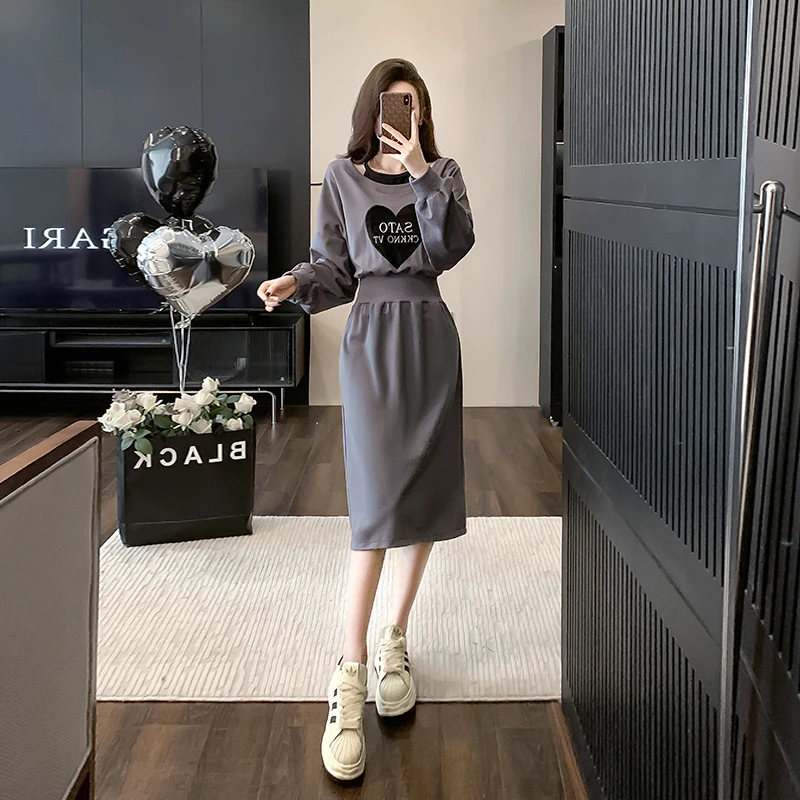 法式高级感假两件连衣裙秋季弹力收腰显瘦长袖中长款灰色卫衣裙子