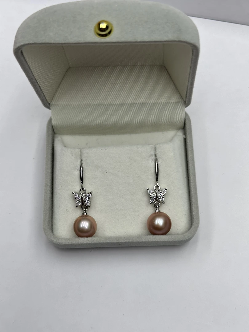 天然淡水珍珠10-11mm粉紫蝴蝶耳钩R676