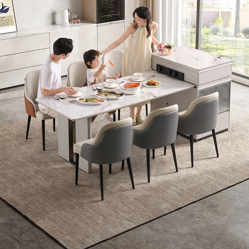 芝华仕奶油风岛台餐桌一体现代极简多功能伸缩储物岩板餐厅CT116