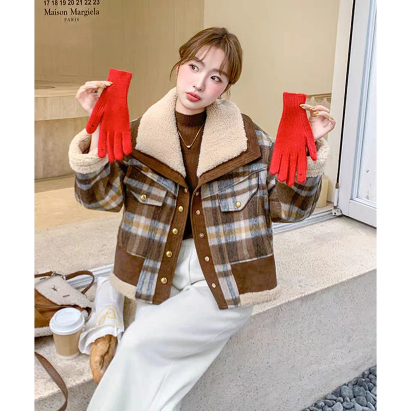 2024冬季新款加厚呢子小外套单排扣拼接大翻领长袖百搭宽松棉衣女