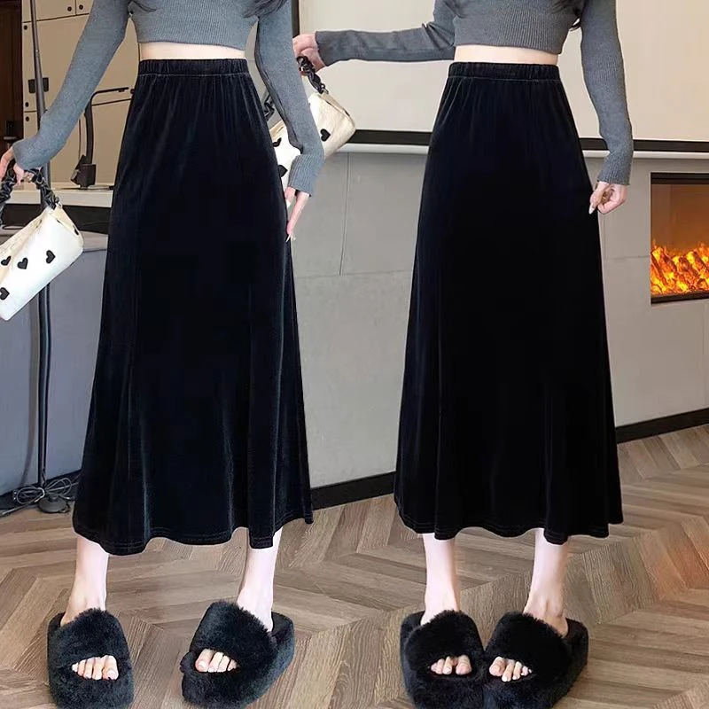 黑色金丝绒半身裙女秋冬2024新款高腰显瘦a字包臀鱼尾裙长裙