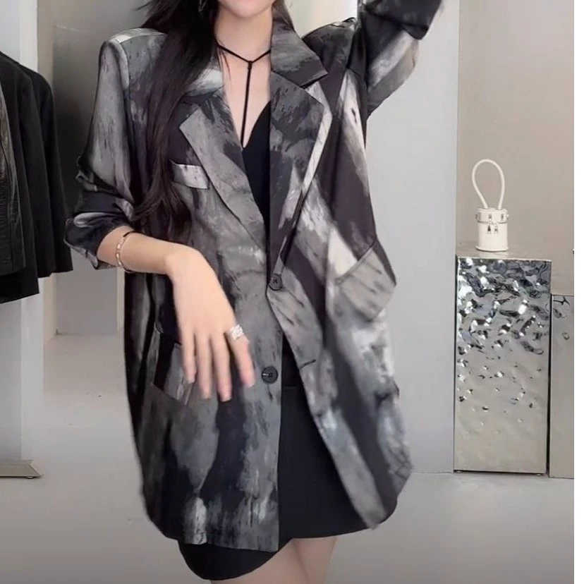 8006复古扎染西装女宽松显瘦高级感薄款垂感长袖西服上衣时尚