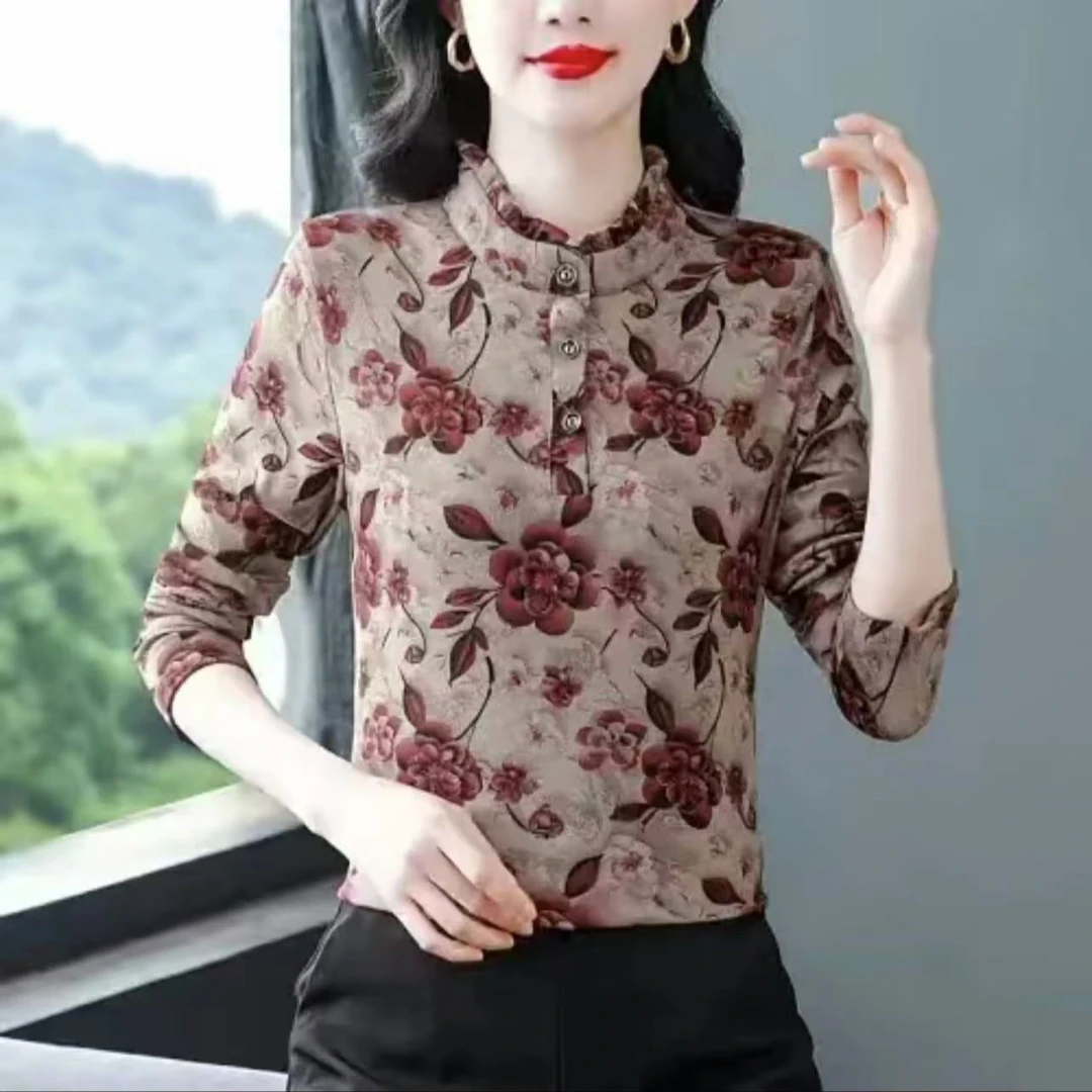 【厂家直销】2025秋冬新款花边领打底衫加绒加厚洋气百搭保暖妈妈装