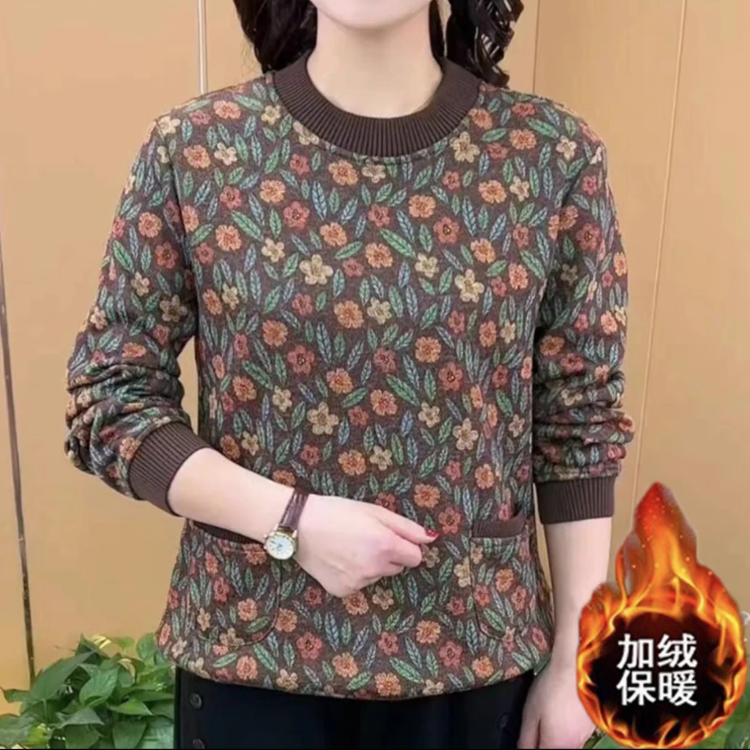 【厂家直销】2024秋冬新款印花时尚洋气打底衫加绒加厚保暖圆领上衣