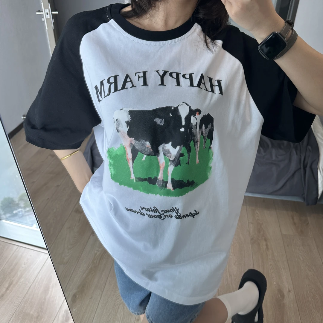 潮牌牧场奶牛印花碰色插肩袖百搭休闲短袖T恤女宽松柔软上衣潮164