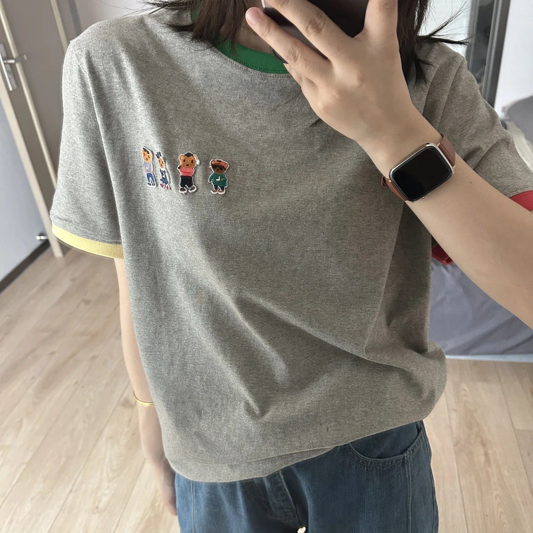 高街卡通短袖T恤女甜辣设计感美式夏季灰色宽松撞色简约上衣潮175