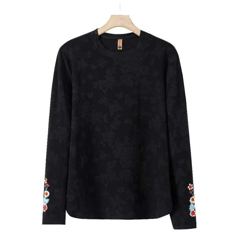 秋季新款打底衫女显瘦遮肚时尚百搭上衣洋气新中式绣花长袖针织