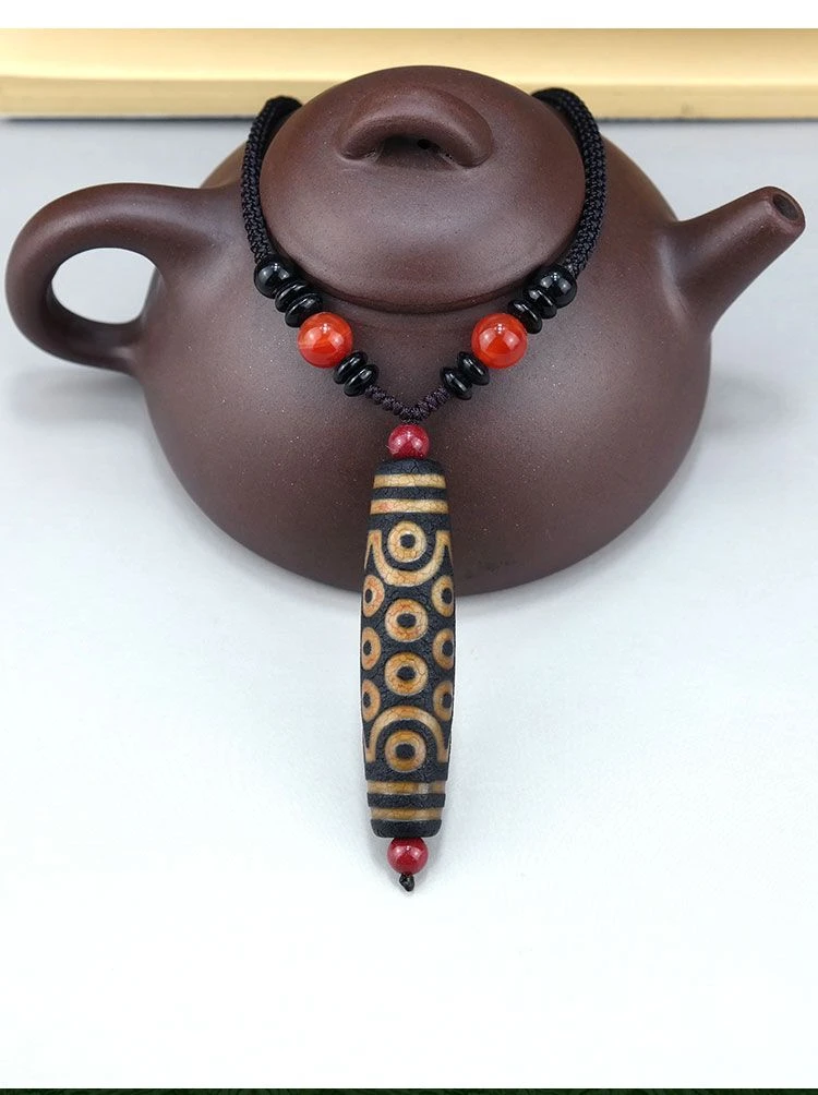 天然西藏真品二十一眼吊坠男玛瑙项链藏式风化包浆牙黄项链