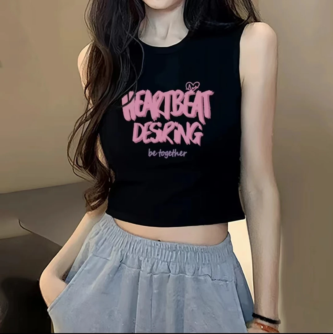 夏日多巴胺穿搭无袖t恤女黑色美式复古短款辣妹修身显瘦小背心