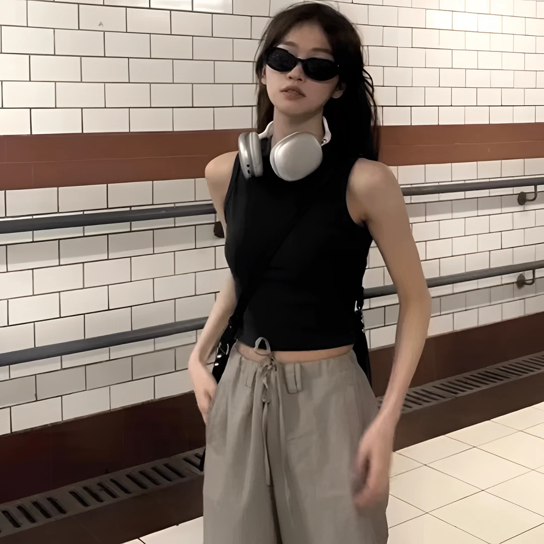 美式遮副乳圆领工装背心女夏外穿小众别致内搭健身短款吊带上衣