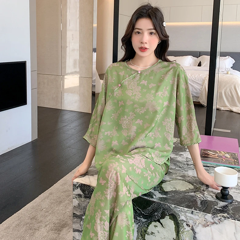 【繁花】夏季国风冰丝睡衣女士2025春秋季新款薄款家居服可外穿套装
