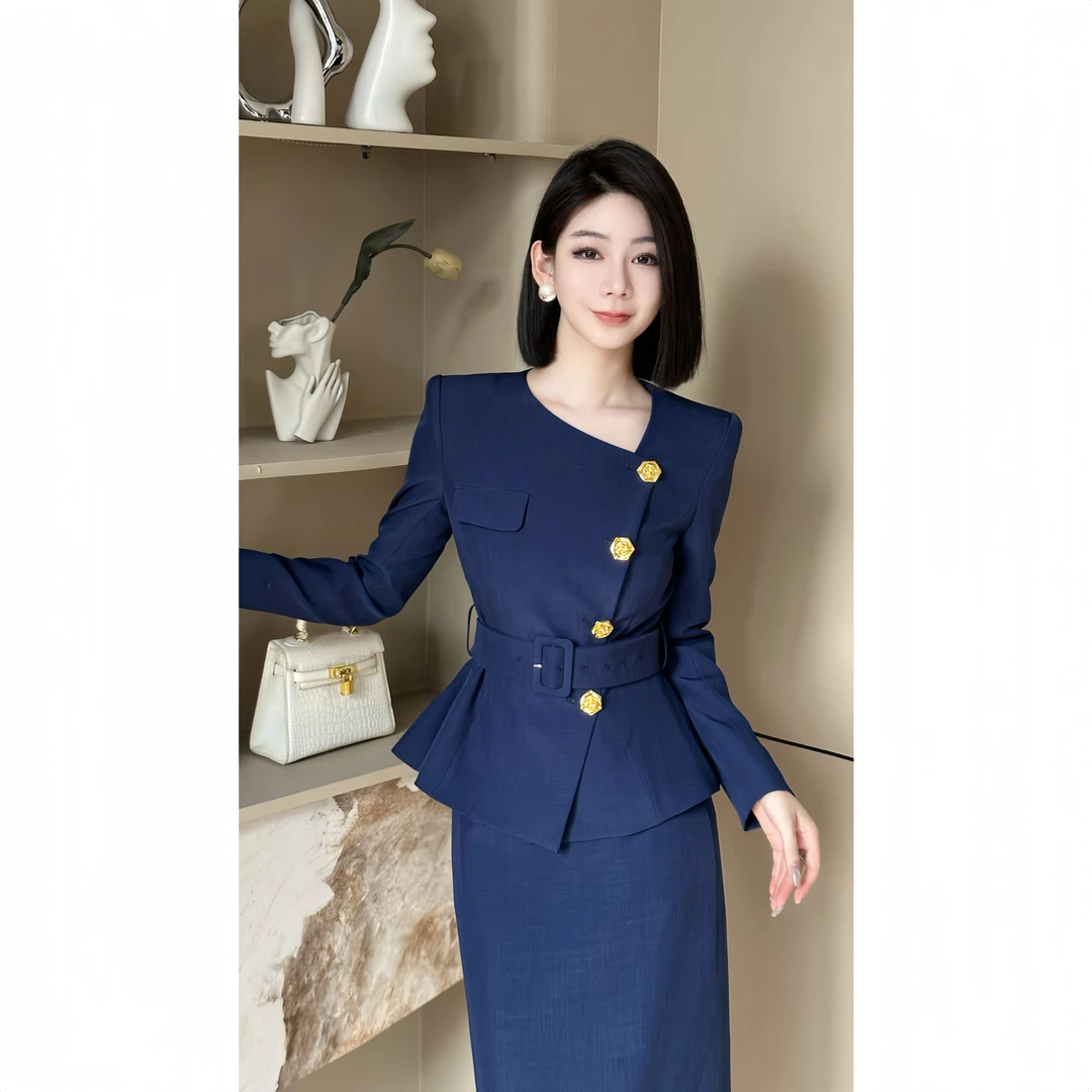 格娜秋季新款时尚蓝色气质一整套设计感遮胯显瘦长袖半身裙套装