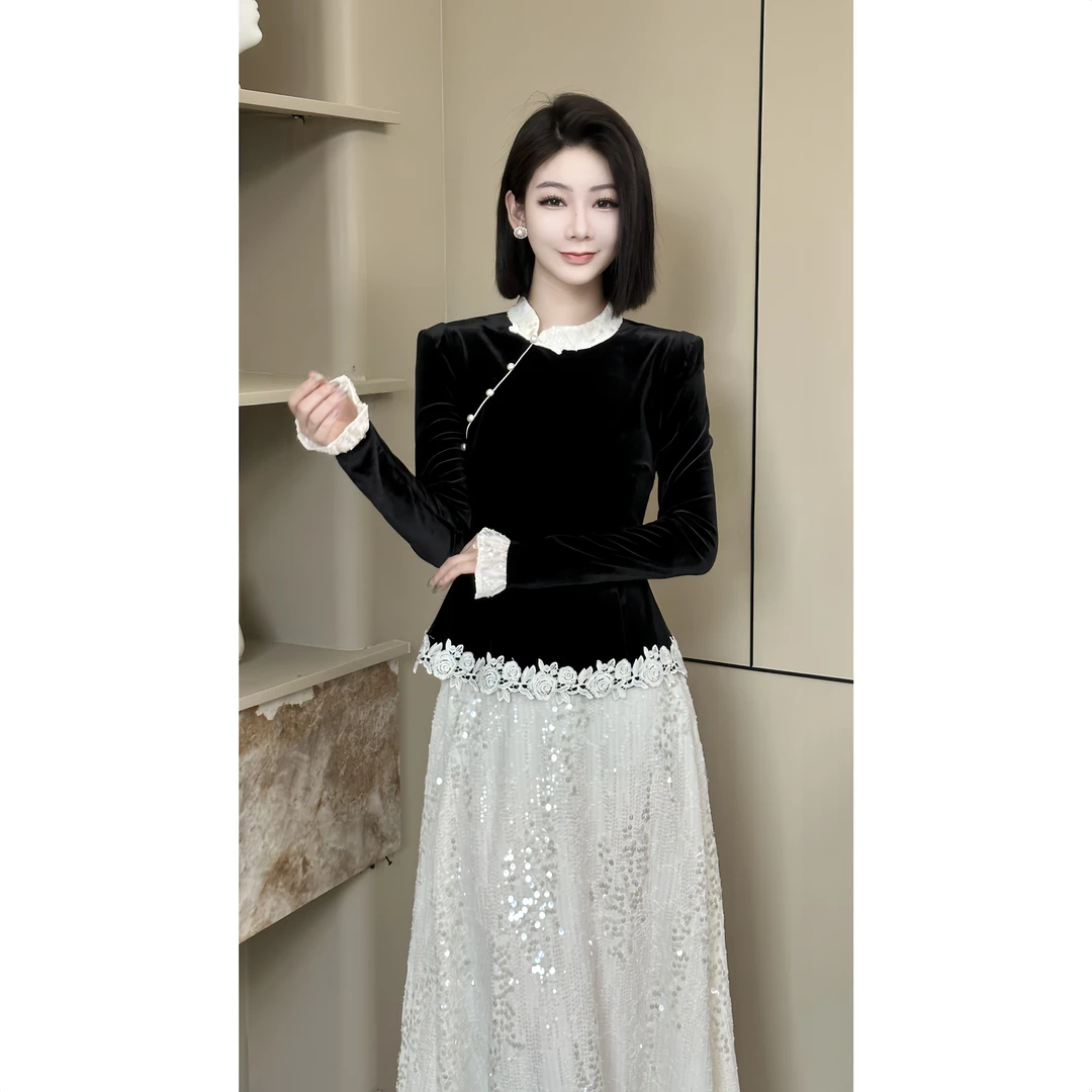 格娜时尚国风套装裙早春新款优雅围感减龄气质显瘦长袖两件套女装