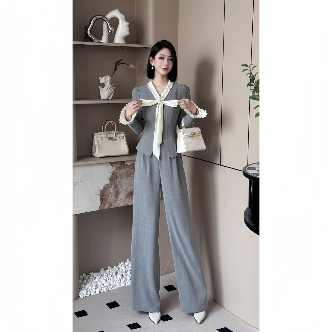 格娜【留洋小姐】秋季新款复古蝴蝶结拼接气质优雅两件套阔腿套装裤