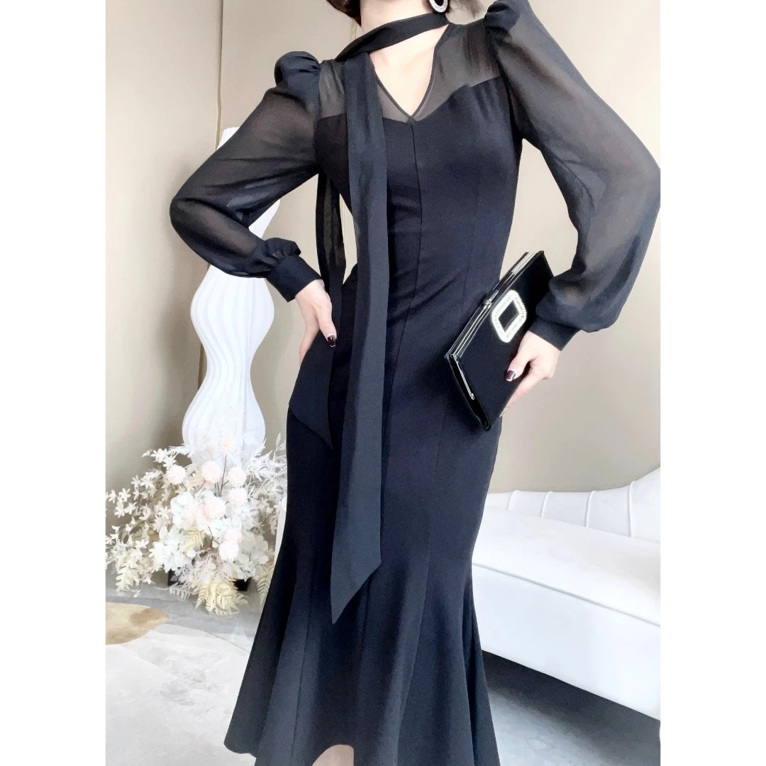 格娜法式黑色赫本风连衣裙高档长款高贵轻奢设计感高级新款裙子