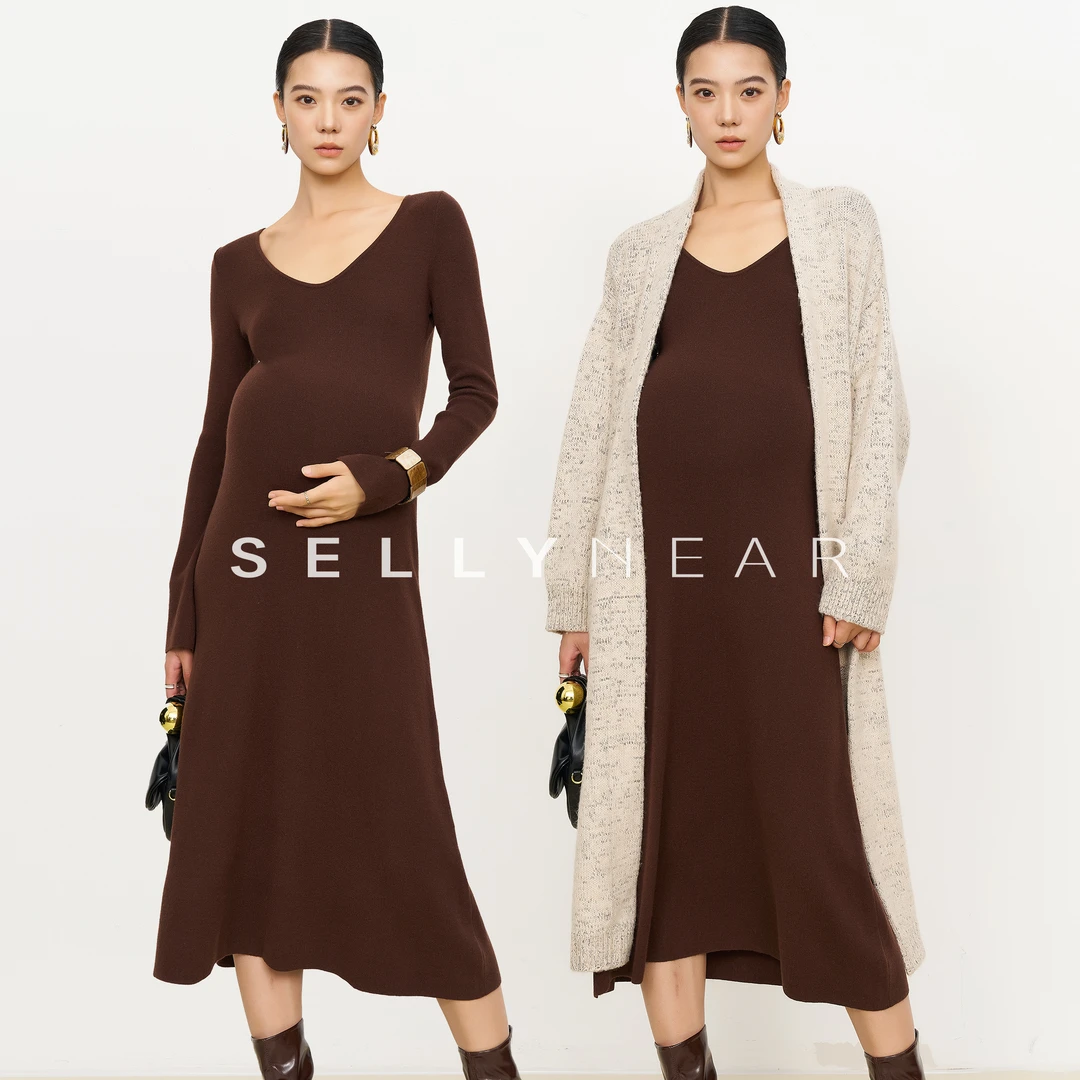 SELLYNEAR孕妇装秋冬2025新款针织连衣裙时尚显瘦长袖针织打底裙