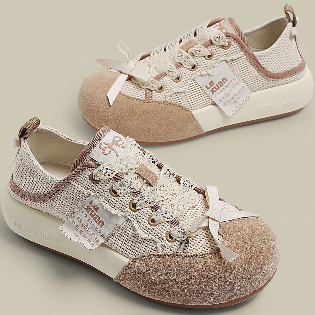 真皮丑萌厚底面包鞋2025春新款复古增高蕾丝蝴蝶结透气休闲运动鞋