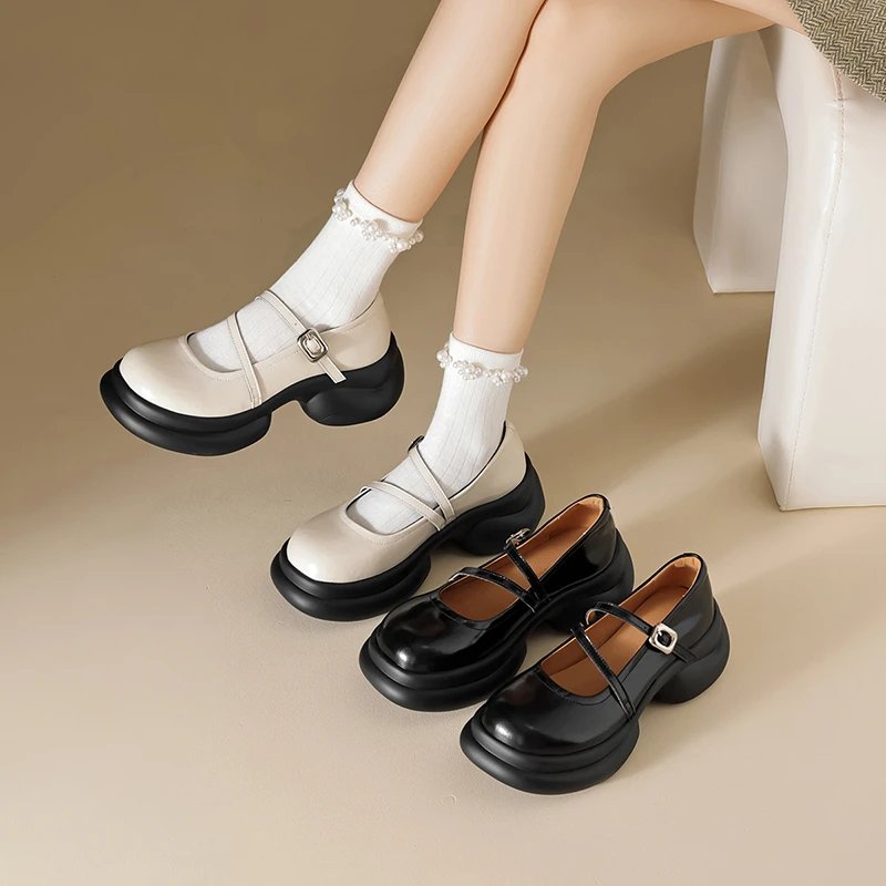 ZHR/则则厚底玛丽珍鞋女2025新款夏季法式复古白色粗跟单鞋