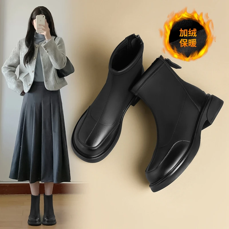 ZHR/则则粗跟短靴女2025秋冬法式保暖绒里马丁靴厚底瘦瘦靴女靴
